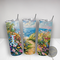 Stainless steel travel mug with beach view. Custom floral ocean cup. Vibrant beach pathway tumbler. Coastal vacation gift idea

